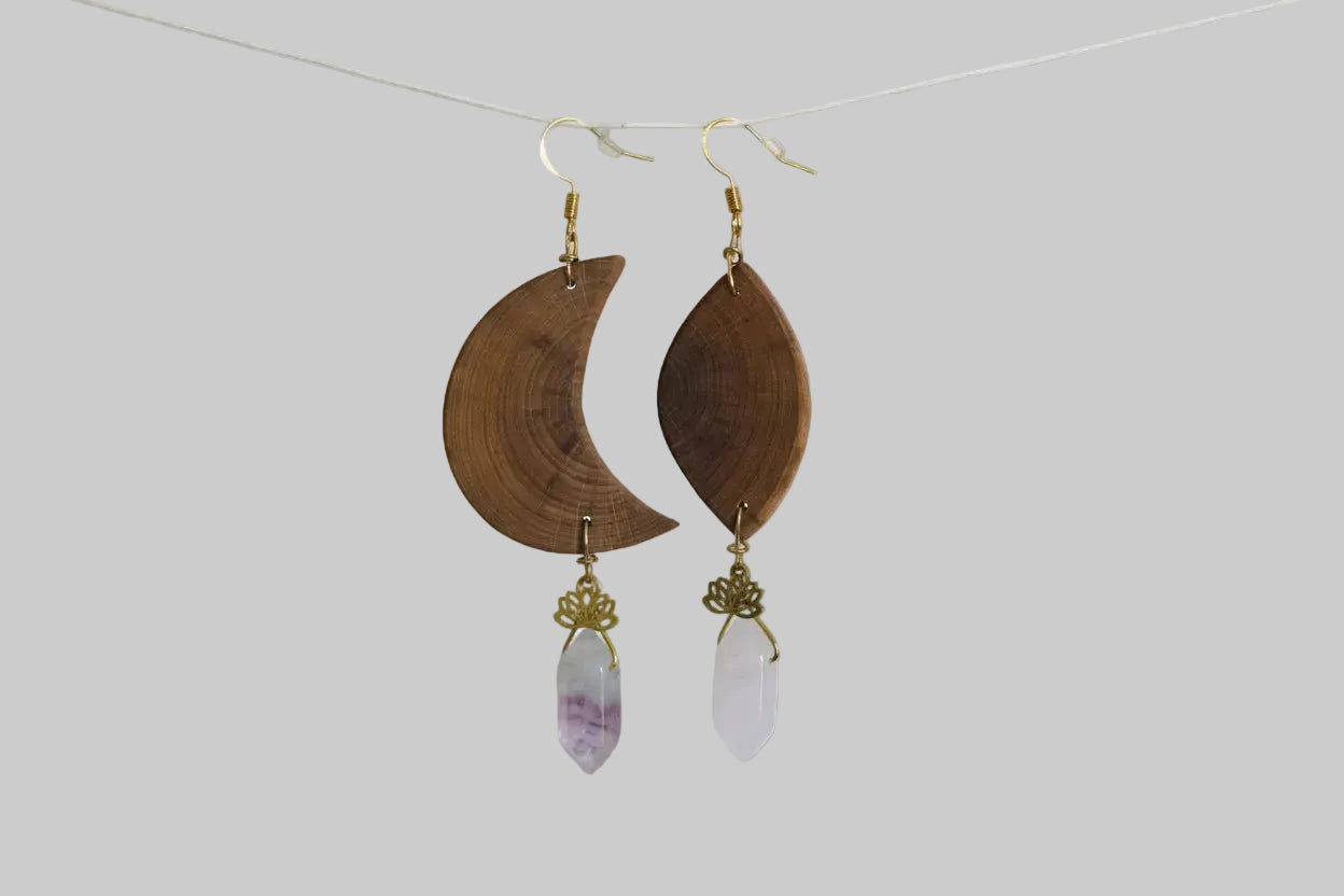 💫 64 € Holzohrringe aus der Buche mit Fluorit + Rosenquarz und vergoldeten Lotusblüten 🌙 mentale Klarheit 🌙 Konzentration 🌙 bei Ängsten und Stress 🌙 Ordnung 🌙 Liebe 🌙 Romantik 🌙 Beziehungen 🌙 Selbstliebe - Einzelstück
