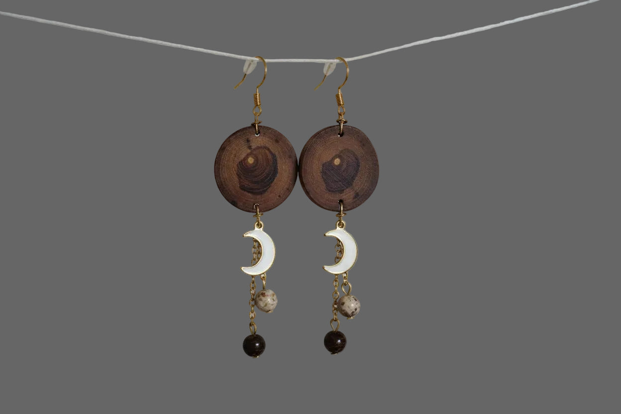 💫 35 € Ohrhänger mit Edelsteinperlen aus Achat und Bronzit, verziert mit goldenen Ketten und goldenen Mondanhänger  🌙 innere Stärke 🌙 Stabilität 🌙 Beständigkeit 🌙 Ruhe 🌙 Geborgenheit 🌙 Kreativität - Einzelstück