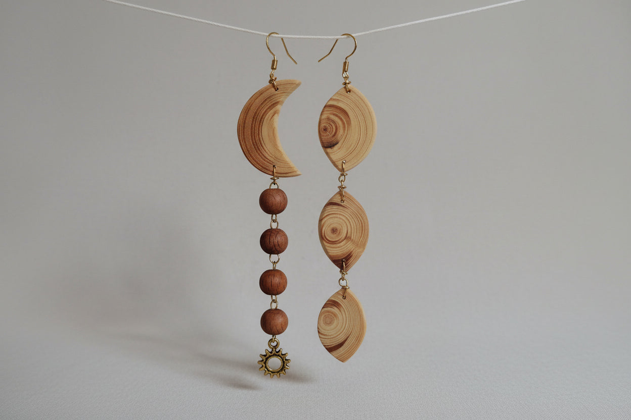 💫 50 € Wunderschöne, natürliche Ohrhänger mit einem Halbmond aus der Kiefer und braunen Perlen aus der Buche verziert mit einer goldenen Sonne ☀️ - Einzelstück