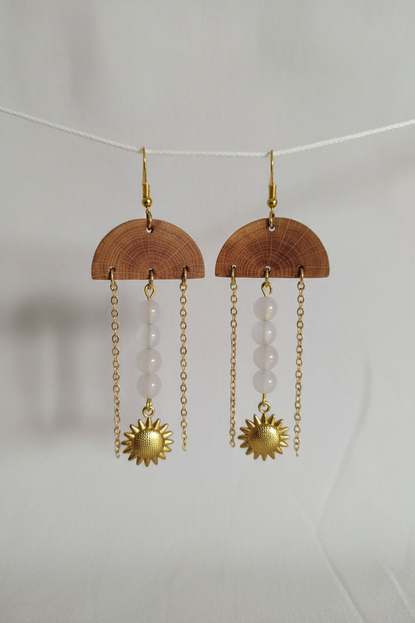 💫 45 € Ohrringe aus Buchenholzscheiben mit Rosenquarzperlen und goldenen Sonnenanhänger🌙 Liebe 🌙 Leidenschaft 🌙 Harmonie - Einzelstück