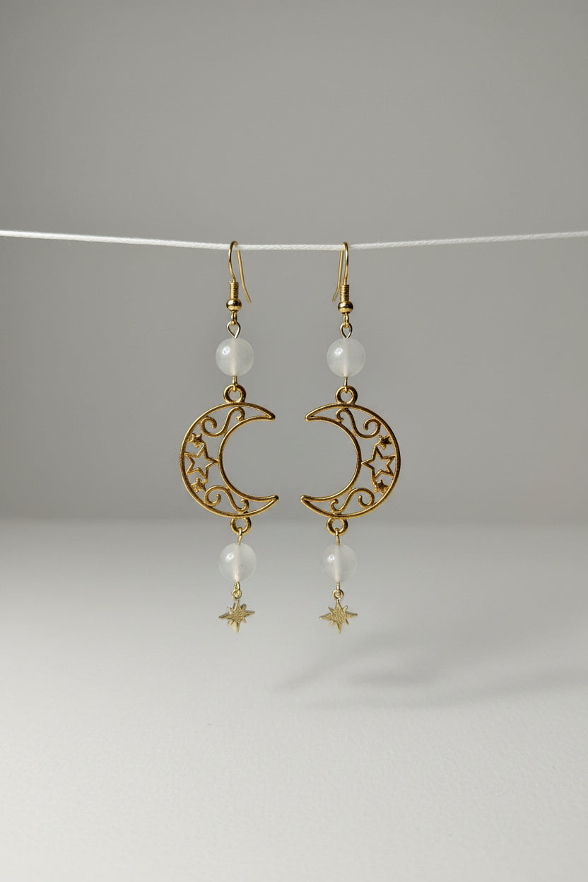 💫 32 € "Luna Mondstein" Ohrringe mit goldenen Halbmonden und schimmernden Edelsteinperlen aus Mondstein ✨ Konzentration ✨ innere Balance ✨ Mutterschaft