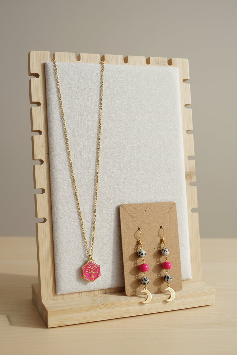 💫 42 € Schmuckset bestehend aus Dalmatinerjaspis-Edelsteinohrhänger mit pinken Samenperlen und einer passenden Kette mit einem glänzenden, pinken Lebensbaumanhänger für 🌙 Optimismus 🌙 Stabilität 🌙 Selbstvertrauen