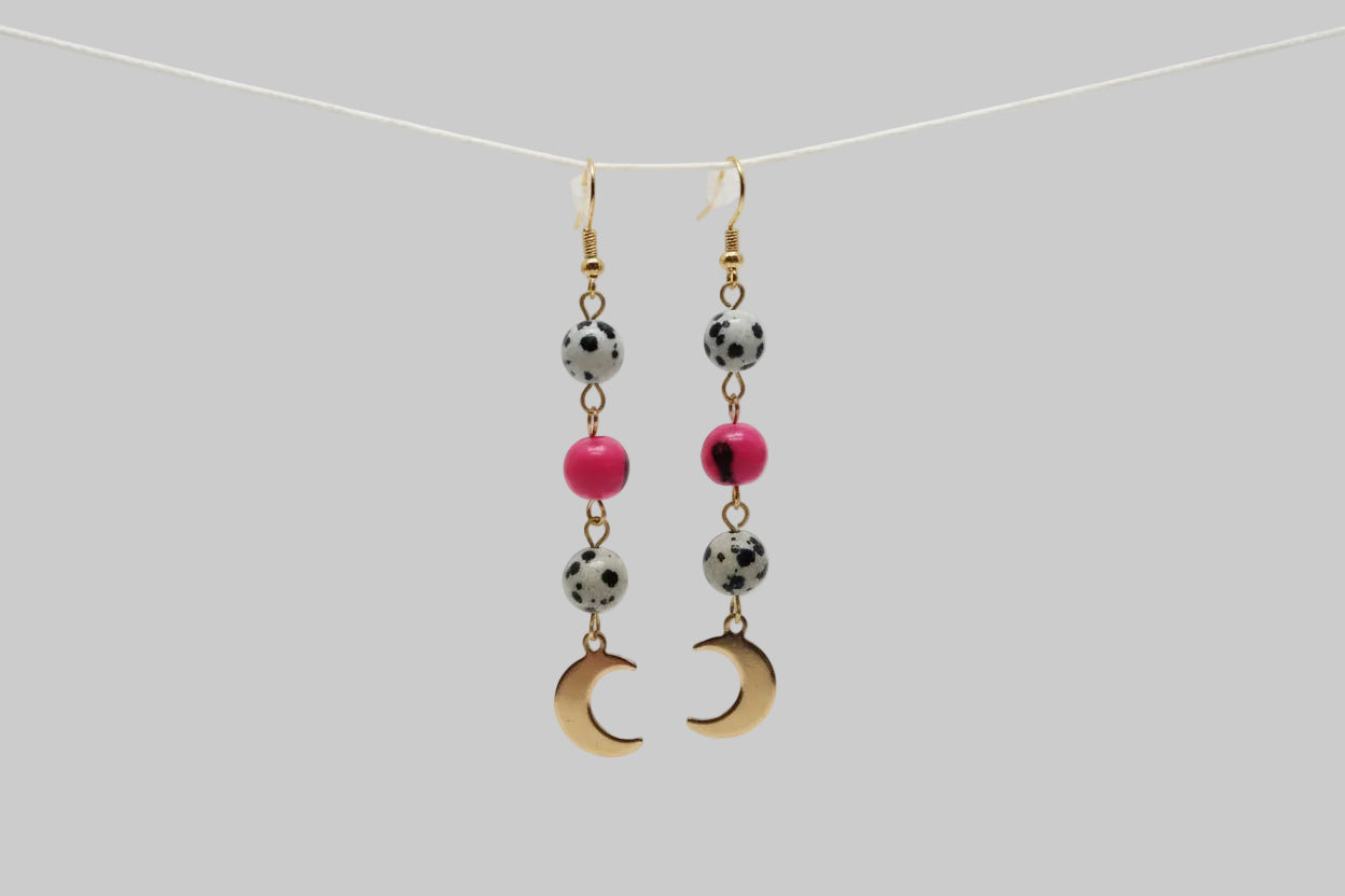 💫 32 € Ohrhänger mit weiß-schwarzen Dalmatinerjaspis- Edelsteinperlen und und pinken Acai-Perlen 🌙 Leichtigkeit 🌙 Erdung 🌙 Optimismus 🌙 Fröhlichkeit