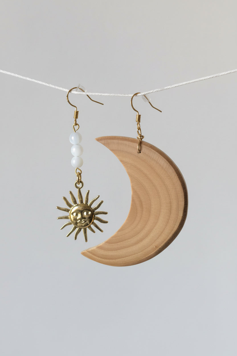 💫 50 € Ohrhänger - goldene Sonne mit Mondsteinperlen und großem Holzhalbmond 🌙 Intuition 🌙 Mutterschaft 🌙 Balance - Einzelstück
